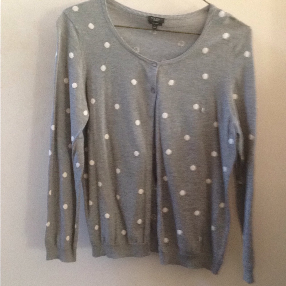 Talbots gray sweater with white polka dots.